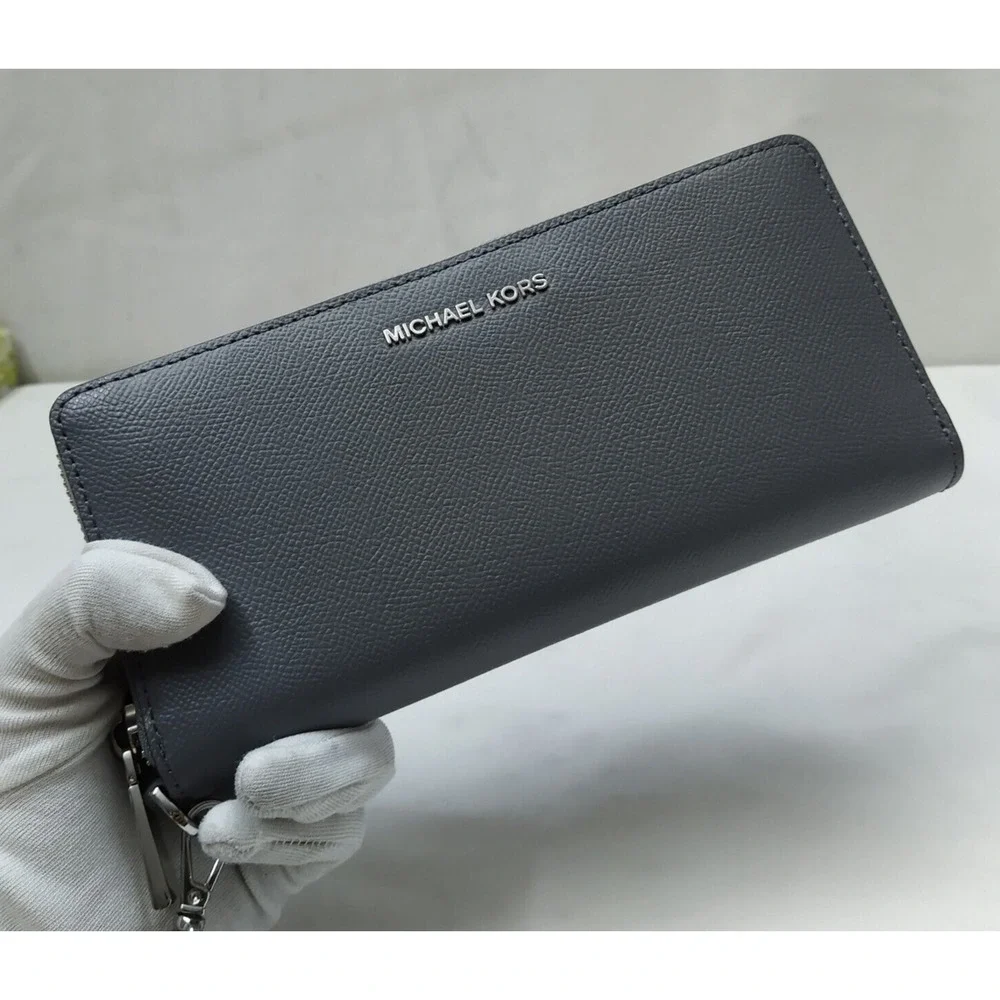 Michael Kors Gray Crossgrain Leather Zip Around Credit Card Wallet